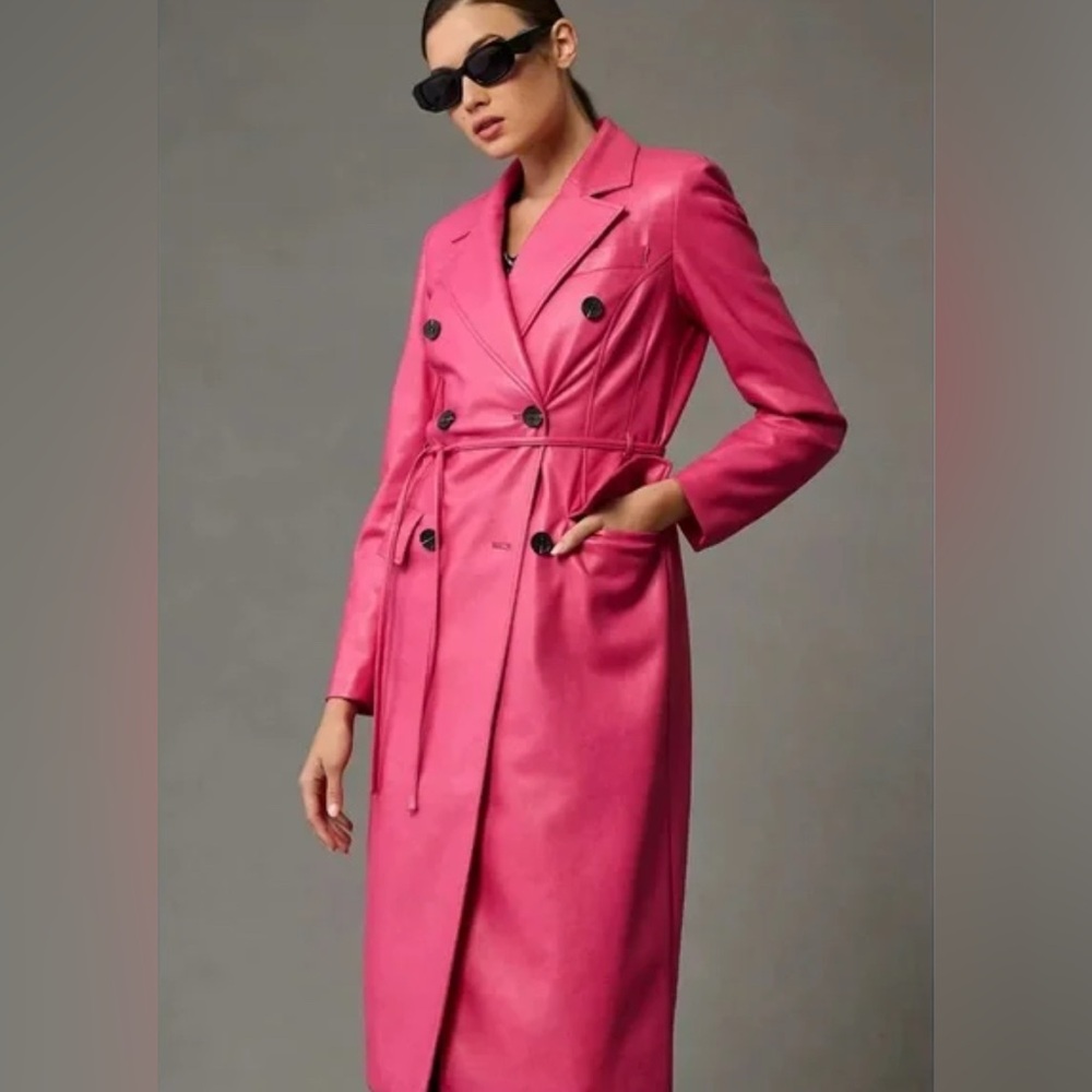 Anthropologie Avec Les Filles Pink Vegan Leather Double-Breasted Trench Coat Med